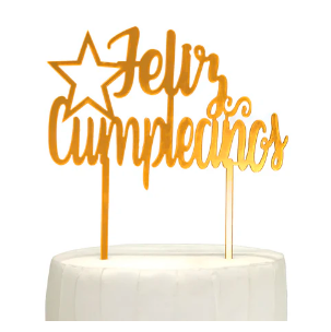 Deco Torta Acrílico Feliz Cumpleaños Estrella Dorado 1 Unidad