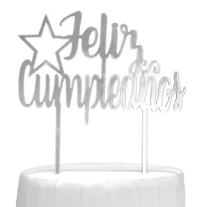 Deco Torta Acrílico Feliz Cumpleaños Estrella Plateada 1 Unidad