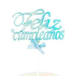 Deco Torta Acrilico Feliz Cumpleaños Celeste Glow 1 Unidad